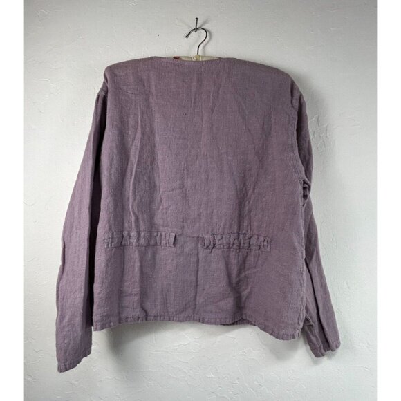 Clio Women's Button Down V-Neck Linen Casual Top Purple Long Sleeve Lightweight - Picture 2 of 8